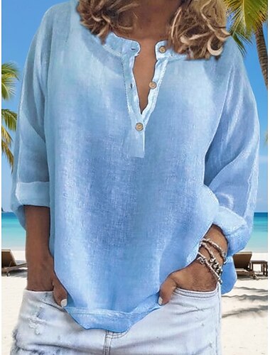  Damen Leinenähnliches Faux Baumwoll Leinen Hemd Unifarben Boho Tropisch Täglich Langarm Regulär Oberteile Täglich Urlaub Blau Weiß Gelb Helllila Sommer Frühling