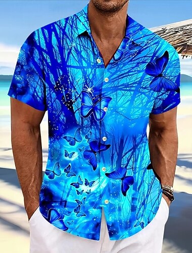  男性用 バタフライ 熱帯植物 ネオングロー アロハシャツ ボタンアップシャツ 半袖 ハワイアン カジュアル バケーション 夏 春 折襟 3Dプリント 襟付きシャツ フロントポケット1つ ブルー パープル グリーン