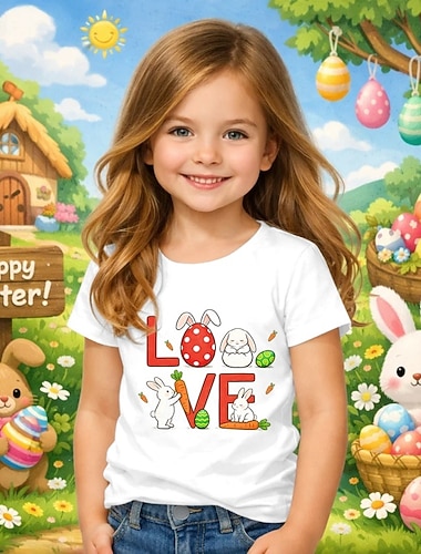  Húsvét Lány 3D Grafika Nyúl Póló Rövid ujjú 3D nyomtatás Nyár Tavasz Sportok Divat Utcai sikk Gyerekek 4-12 év Terített nyak Hétköznapi Napi Szabadtéri Normál