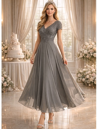  A-lijn Vloerlengte Feestjurk Cocktailjurk Bruiloft Gast Jurk Moeder van de Bruid Jurk Korte Mouw V Hals Elegante Bruiloft Gast met Effen Kleur