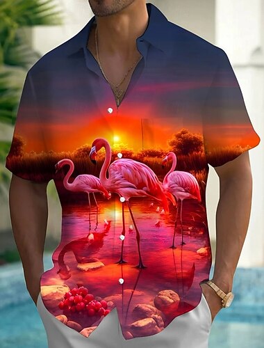  男性用 動物 フラミンゴ 風景画 アロハシャツ ボタンアップシャツ 半袖 ハワイアン バケーション 夏 春 折襟 3Dプリント 襟付きシャツ フロントポケット1つ パープル オレンジ グレー