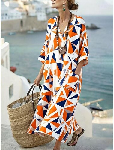  Maxi šaty pro ženy len prodyšné lehké sluneční šaty A-linie dovolená volnočasové boho plážové vycházkové květinové geometrické dlouhý rukáv V-výstřih modré bílé světle fialové oranžové léto jaro