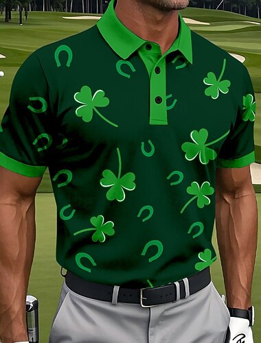  St. Patrick's Day Mannen Shamrock Golf Polo Shirts Sport Polo Shirts Korte Mouwen Polo Shirts Colberts Casual Athleisure Dagelijkse Draag Festival Outfit Knopen Lente  Zomer Zwart Wit Licht