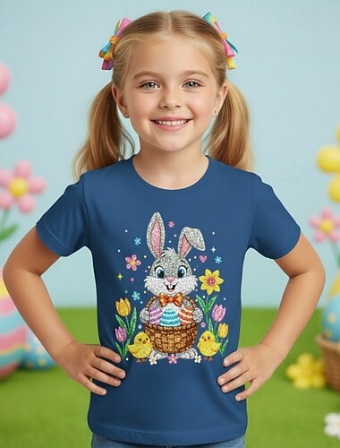  100% katoen Pasen Kinderen Voor meisjes blauw Zwart Wit Grafisch Konijn T-shirt Strakke ronde hals Korte mouw Dagelijks Buiten Streetwear Actief Casual Opdrukken Zomer Lente