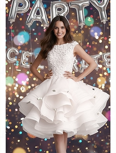  De Baile Curto Mini Vestidos de baile Anos 50 Floral Em Camadas Sem Manga Decorado com Bijuteria Dia Dos Namorados Reunião de Classe Organza com Apliques Em Camadas Flor Shouder