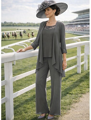  Tre Pezzi Lunghezza al pavimento Abito da cerimonia per signora Manica Lunga Girocollo Elegante Vintage Formale Ospite di nozze Serata Formale Spandex con Tinta unita