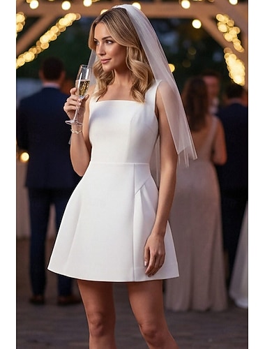  Linha A Curto Mini Vestido branco Vestidos de noiva Vestidos para Chá de Panela Vestido de Noiva Festa Vestidos Brancos Justos Sem Manga Com Alças Finas Casamento Graduação Cetim com Laço(s) Pregas