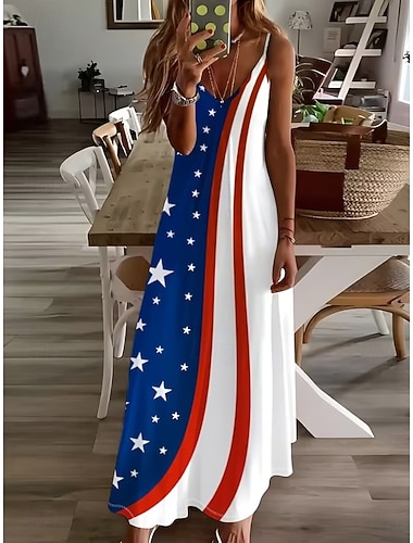  Unabhängigkeitstag Patriotische Damen Maxikleid A-Linie Kleid Spaghetti-Träger Kleid Urlaub Lässig Ausgehen Reguläre Passform Grafik Flagge Ärmellos V-Ausschnitt Spaghetti-Träger Blau Marineblau Navy