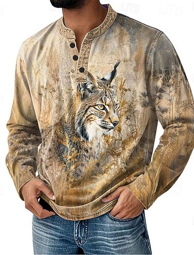  Homme Graphique Animal Chemise Henley manche longue ancien Mode Mignon Occasionnel Fête Sortir Printemps & Automne Gris Bleu Ciel Pourpre Kaki Henley T-shirt Henley