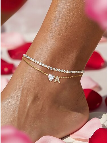  Ankelkjede med initialer til kvinner og hjerteformet cz-anheng, ankelkjede i legering med bokstaver, 26 alfabetalternativer, justerbar kjede, elegante minimalistiske smykker til valentinsdag og morsdagsgaver