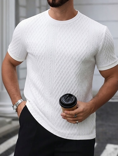  Herren T Shirt T-Shirt Kurze Ärmel Rundhalsausschnitt Sommer Frühling Ganzjahres Einfarbig Texture Mode Designer Basic Jacquard Rein Lässig Urlaub Alltagstauglich Weiß Schwarz Hellgrau Top T-Shirt
