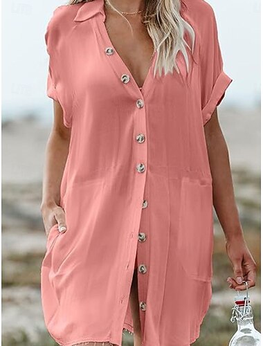  Damen Minikleid Weißes Kleid Strandkleid schwarzes kleid Hemdblusenkleid Elegant Mode Klassisch Täglich Outdoor Strand Lässiger Schnitt Einfach Kurzarm V Ausschnitt Schwarz Weiß Rosa Sommer Frühling