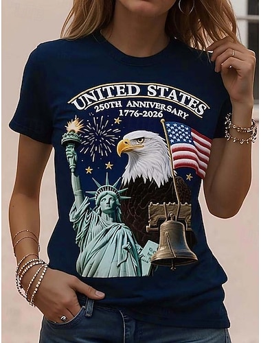  Onafhankelijkheidsdag Amerikaanse Jubileum Patriottische Dames T-shirt Grafisch Nationaal Vlag Vintage Stijlvol Klassiek Korte Mouwen Crew Neck Ronde Hals Dagelijkse Weekend Print Zwart