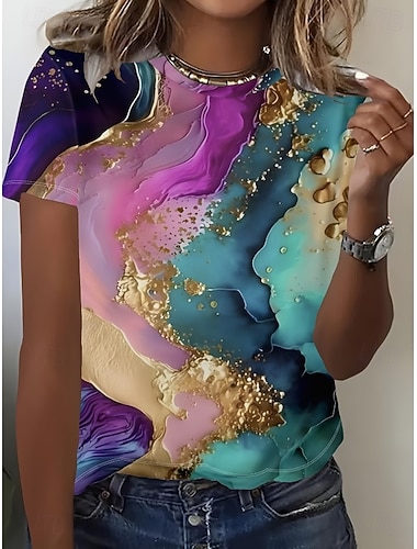  Dame T skjorte Trykt mønster Nyanse Grafisk Årgang Stilfull Klassisk Kortermet Crew-hals Vanlige topper Daglig Navyblå Marineblå Lilla Gull Grønn Sommer Vår