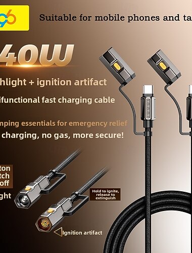  2 Pack 240W 4-i-1 lommelykt tennings multifunksjonell datakabel kompatibel med Apple 17 Pro Huawei Xiaomi 3,94 fot