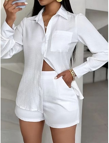  Per donna Set di Pantaloncini Bolero Top Manica Lunga Colletto a Camicia Tinta unica Moda Streetwear Casuale Quotidiano All'aperto Bianco Verde Estate Vestibilità regolare