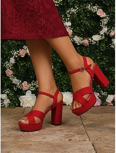 女性用レッドプラットフォームブロックヒールサンダル - エレガントなアンクルストラップウェディングシューズ、ガーデンパーティーに最適な快適なチャンキーハイヒール &お祝いの客