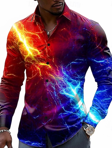  Herre 3D Print Lyn Skjorte Skjorte med knapper Avslappet skjorte Langermet Fashion Casual Gateklær Feriereise Vår Høst Aftæpning 3D-utskrift krage skjorter Blå Rød Lilla Grønn