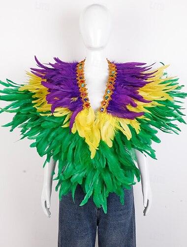  Karneval 2026 Rio Karneval Samba Tilbehør Kvinne Mardi Gras Fjær Capesjal Lilla Grønn Gull Fjær Poncho med Juvelert Krage Brasil Festival Danse Kostyme