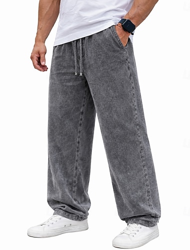  Herren 100% Baumwolle Hose Baggy-Hosen Freizeithose Acid-Wash-Hosen Kordelzug Elastischer Bund Gerader Schnitt Einfach Bequem Atmungsaktiv Volle Länge Täglich Outdoor Urlaub Mode Streetwear Schwarz
