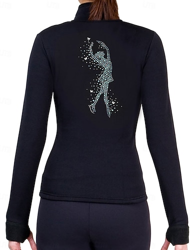  Fleecejakke til skøyteløp Dame Jente Skøyteløp Jakke Topper Svart Tommelhull Elastisk Trening Konkurranse Skøyteklær Hold Varm Krystall / Rhinstein Langermet Skøyting Kunstløp