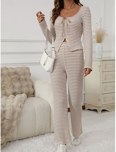  Dames Tweedelige sets Broeken Sets Bolero Top Lange mouw Coltrui Gestreept Trekkoord Elegant Modieus Streetwear Casual Dagelijks Buiten Zwart Wijn Leger Groen Lente Normale pasvorm
