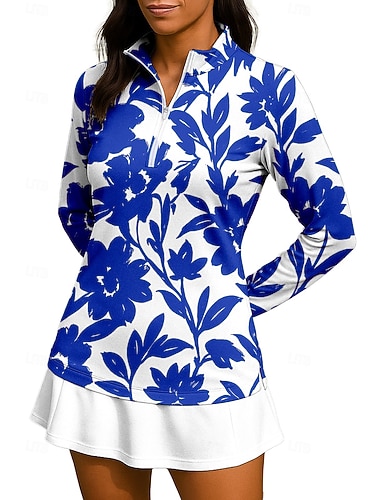  Dame Blomster قميص Sportsskjorte POLO T-skjorte Tennisskjorte Langermet Glidelås Blomster UPF50+ UV-bestandig Høy Elastisitet Fukttransport Pustende Volleyball Tennis Golf Høy krage Glidelåskrage