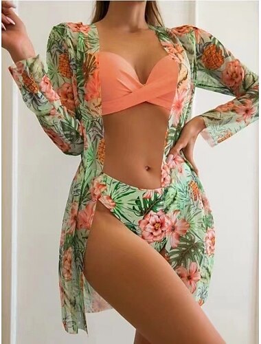  Damen Badeanzug Bikini Dreiteilig Freche Unterhose Bademode Schlank Rückenfrei Urlaub Strandbekleidung Blumen Blätter Neckholder Ärmellos Badeanzüge