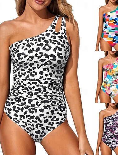  Naisten Uimapuku Yksiolkaiminen Uima-asut Leopardikuvio Uima-asut Valkoinen Sininen Hengittävä Nopea kuivuminen Hihaton - Uinti Lainelautailu Snorklaus Kesä