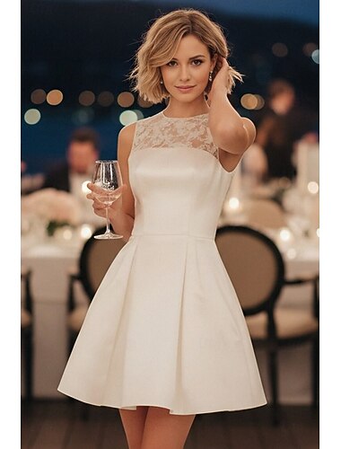  Linha A Curto Mini vestido de cetim Vestido branco Vestidos de noiva Vestidos para Chá de Panela Vestido de Noiva Elegante Vestidos Brancos Justos Sem Manga Gola Redonda Formal Graduação Cetim com
