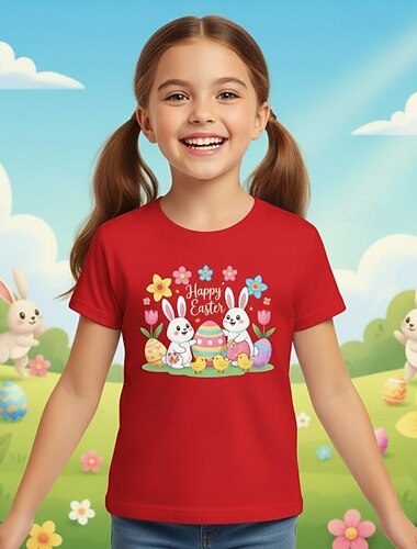  100% katoen Pasen Kinderen Voor meisjes blauw Zwart Wit Grafisch Konijn T-shirt Strakke ronde hals Korte mouw Dagelijks Buiten Streetwear Sport Modieus Casual Opdrukken Zomer Lente