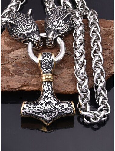  שרשרת תליון בסגנון ויקינגי לגברים, חומר סגסוגת עם עיצוב ראש זאב ופטיש ת'ור, תכשיטים נורדיים ייחודיים ללבוש יומיומי ומסיבה