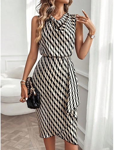  Per donna Abito al ginocchio Tubino Abito a Portafoglio Elegante Moda Moderno Quotidiano All'aperto Vacanza Vestibilità regolare Geometrico Senza Maniche Scollo a Cascata Blu Nero Rosso Marrone