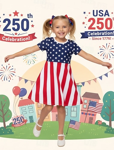  Girls ' 3D Grafika Csíkos Sztárok Ruha Rövid ujjú 3D nyomtatás Nyár Tavasz Napi Vakáció Parti aranyos stílus Alap Alkalmi Gyerekek 4-12 év hétköznapi ruha A vonalú ruha Térdig érő Normál