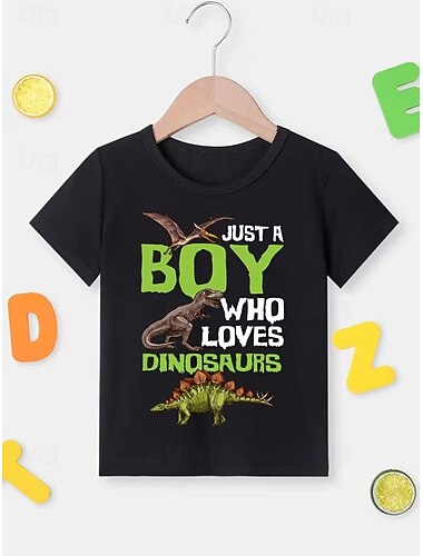  100% Cotone Bambini Ragazzi Nero Grafico Dinosauro Maglietta Blusa Girocollo Manica Corta All'aperto Abbigliamento Quotidiano Moda Streetwear Designer Stampa Estate