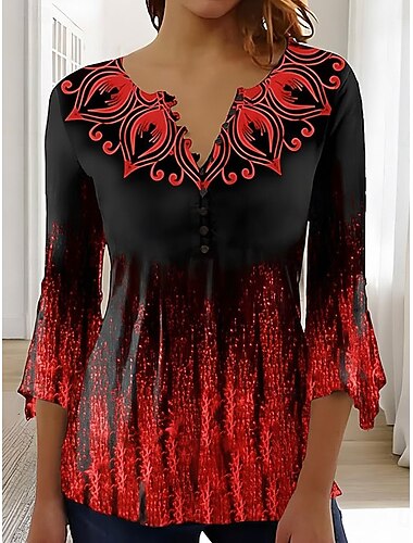  Γυναικείο Τ-Shirt Ombre Λουλούδια Γραφικό Εξαιρετικό Vintage Στυλάτο 3/4 Μανίκι V Λαιμό Κανονικά Τοπ Για Καθημερινή Χρήση Εξόδου Κουμπιά Μπλε Ροζ Κόκκινο Πράσινο Καλοκαίρι Άνοιξη