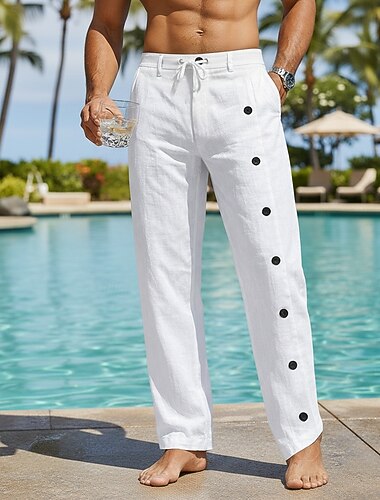 Homme Pantalons en Lin Pantalons Pantalon d'été Pantalons Amples Pantalons de Plage Cordon de serrage Bouton latéral Jambe Droite Uni Confort Respirant Longueur complète Occasionnel Quotidien Plage