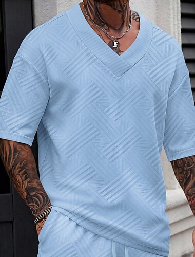  Herren T Shirt T-Shirt Kurze Ärmel V Ausschnitt Sommer Frühling Frühling & Sommer Einfarbig Texture Mode Designer Basic Jacquard Lässig Urlaub Straße Schwarz Weiß Blau Top T-Shirt für Herren