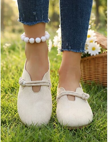  Beige platte muiltjes voor dames – lichtgewicht instapschoenen voor dagelijks gebruik, reizen, woon-werkverkeer en een ontspannen stijl.
