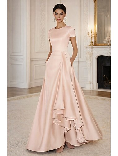  Corte A Asimétrica Hasta el Suelo Vestidos de noche Corte Cenicienta Vestimenta formal Elegante Sedoso Manga Corta Cuello Barco Boda Formal Bolsillo Satén Espalda desnuda con Flor bordada Plisado