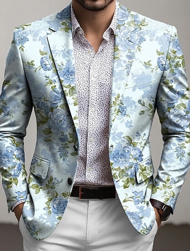  Herren Blumendruck Blazerjacke Mantel Mode Bequem Atmungsaktiv Künstlerisch Lässig Täglich Formell Party-Abendmode 3D-Druck Knöpfe Mehrere Taschen Frühling Herbst Winter Fallendes Revers Langarm Blau