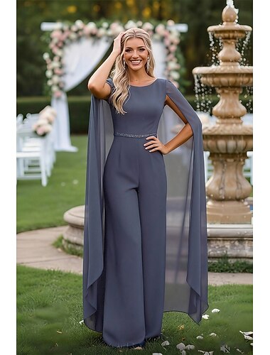  Jumpsuit / Pantsuit Gulvlengde Kjole til brudens mor Ermeløs Crew-hals Elegant Formell Bryllupsgjest Chiffon med Kappe
