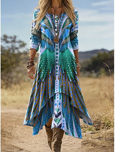  Vrouwen Midi Jurk Boho Shift Jurk Vakantie Feest Casual Dagelijks Vakantie Regulair Fit Grafisch Geometrisch Lange Mouw Crew Neck V Hals Blauw Geel Paars Groen Zomer Lente Herfst