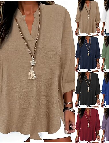  Damen Boho-Hemd Tunika Patchwork Einfarbig Elegant Täglich Stilvoll Dreiviertelarm V Ausschnitt Normale Oberteile Täglich Arbeit Ferien Blau Gras-Grün Schwarz Weiß Rote Frühling, Herbst, Winter