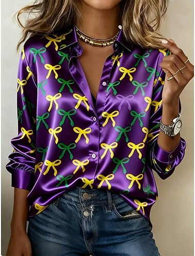  Mardi gras Dames Overhemd Grafisch Geometrisch Vintage Stijlvol Modern Lange mouw Overhemdkraag Normale tops Dagelijks Feestdagen Zwart Geel Paars Groen Zomer Lente