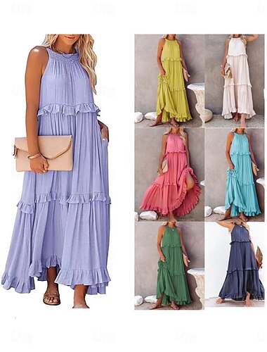  Damen Maxikleid Weißes Kleid Strandkleid Schwingkleid Elegant Vintage Mode Täglich Outdoor Strand Lässiger Schnitt Einfach Ärmellos Rundhalsausschnitt Blau Weiß Gelb Rosa Sommer Frühling