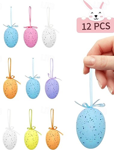  Conjunto de 12 enfeites de ovos de Páscoa coloridos para pendurar, ideais para cestas de Páscoa, árvores de Natal e lembrancinhas de festa.