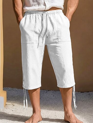  Herren Hose aus Baumwollleinen Caprihose Sommerhose Strandshorts Kordelzug Elastischer Bund Fronttasche Einfarbig Einfach Atmungsaktiv Wadenlang Täglich Ausgehen Urlaub Stilvoll Blau Schwarz