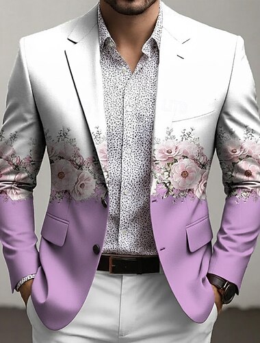  Herre Blomstermønster Blazer jakke Frakk Mote Bekvem Pustende Kunstnerisk Fritid Daglig Festkveldsklær Avslappet 3D-utskrift Knapper Multi lomme Vår Høst vinter Med hakk Langermet Blå Rosa Lilla