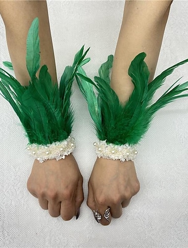  Karneval 2026 Rio Karneval Samba Tilbehør Kvinne Grønn Fjær Håndleddsmanchetter med Hvit Perleblonde Brasil Festivalopplevelse Kostyme